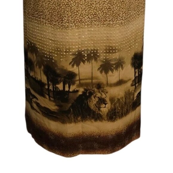 Silk Club Collection Midi Skirt Womens Size 8 Tan Silk Safari Lion Print Sequin - Picture 4 of 7